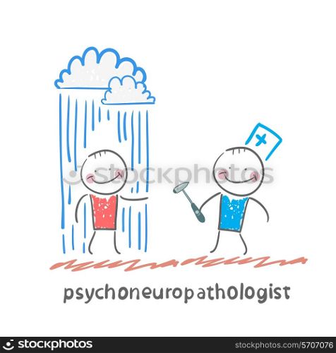 psychoneuropathologist stands next to a nervous patient on whom pouring rain