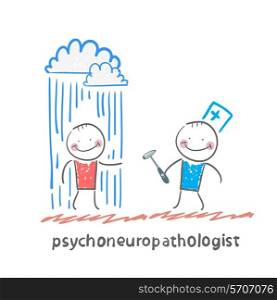 psychoneuropathologist stands next to a nervous patient on whom pouring rain
