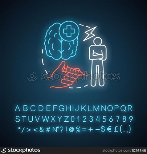 Psychopharmacotherapy neon light concept icon. Pharmacy idea. Mental illness prescription drugs, medication. Glowing sign with alphabet, numbers and symbols. Vector isolated illustration
