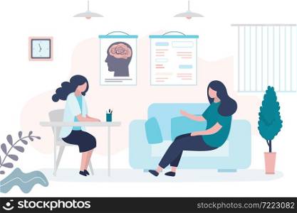 Psychotherapist consults woman. Mental problems, female patient at appointment with psychologist. Health care, medical consultation background. Clinic room interior. Trendy style vector illustration. Psychotherapist consults woman. Mental problems, female patient at appointment with psychologist. Health care,