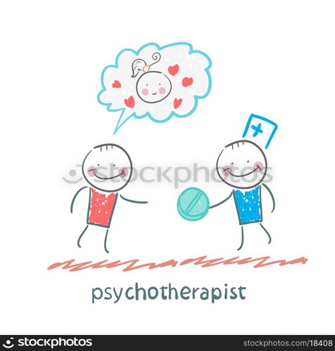 psychotherapist gives the patient a pill. Fun cartoon style illustration. The situation of life.