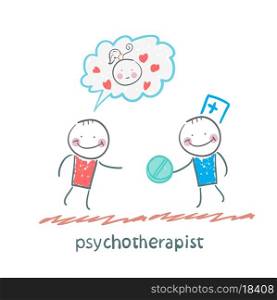 psychotherapist gives the patient a pill. Fun cartoon style illustration. The situation of life.