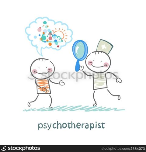 psychotherapist looking through a magnifying glass on a patient who dreams