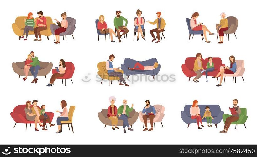 Psychotherapist services, psychotherapy session vector. Couples and families, kids and teenagers or adults getting psychological help, rehabilitation group. Psychotherapy Session, Psychotherapy Services