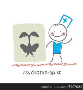 psychotherapist shows a picture test. Fun cartoon style illustration. The situation of life.