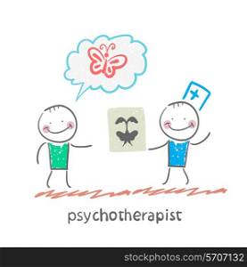 psychotherapist shows the patient image test. Fun cartoon style illustration. The situation of life.