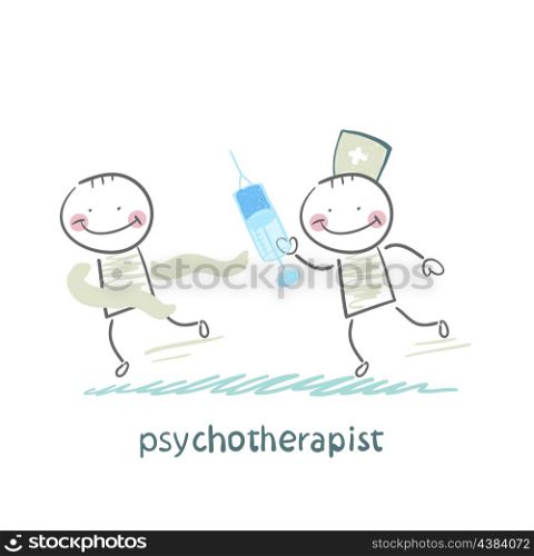 psychotherapist with a syringe catching up with the crazy