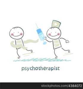 psychotherapist with a syringe catching up with the crazy