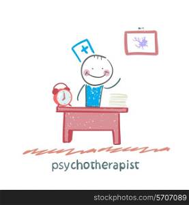 psychotherapist working in his office. Fun cartoon style illustration. The situation of life.