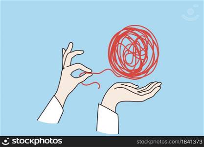 Psychotherapy and mental health concept. Human hand untangling red dirty knot snarl over blue background vector illustration . Psychotherapy and mental health concept.