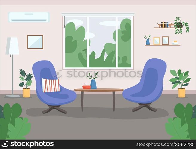 Psychotherapy cabinet flat color vector illustration. Workplace design. Living-room. Work-bench. Therapy, consulting room 2D cartoon interior with armchairs and big windows on background. Psychotherapy cabinet flat color vector illustration