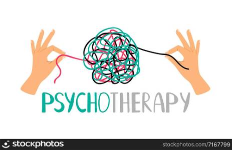 Psychotherapy concept illustration with hands untangling messy snarl knot, vector illustration. Psychotherapy concept icon
