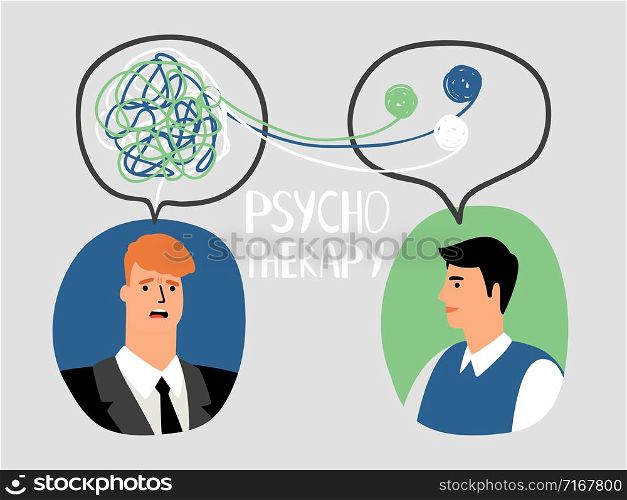 Psychotherapy concept illustration with male doctor and parient avatars, vector illustration. Psychotherapy concept illustration