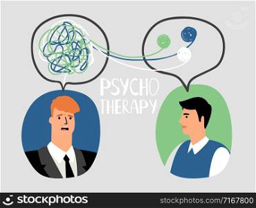 Psychotherapy concept illustration with male doctor and parient avatars, vector illustration. Psychotherapy concept illustration