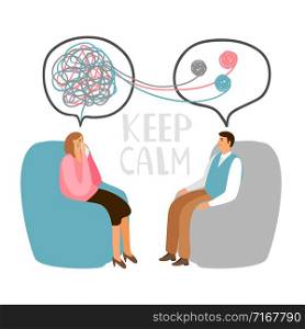 Psychotherapy concept illustration with male patient and lady doctor, keep calm vector illustration. Psychotherapy concept illustration