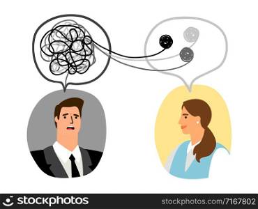 Psychotherapy concept illustration with man and lady psychologist avatar, vector illustration. Psychotherapy concept illustration