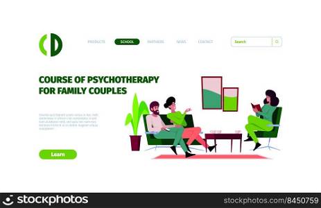 Psychotherapy consultation landing. Persons talking with psychologist doctor sitting on chair and sofa garish vector web page template. Concept psychotherapy illustration page. Psychotherapy consultation landing. Persons talking with psychologist doctor sitting on chair and sofa garish vector web page template