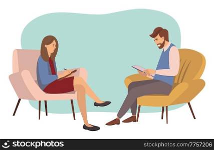 Psychotherapy counseling concept. Psychologist woman and young man patient in therapy session. Treatment of stress, addictions and mental problems. People sit in chairs and write in notebooks. Psychotherapy counseling concept. Psychologist woman and young man patient in therapy session