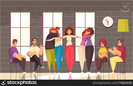 Psychotherapy group therapy session flat composition with young ladies led by therapist hugging each other vector illustration