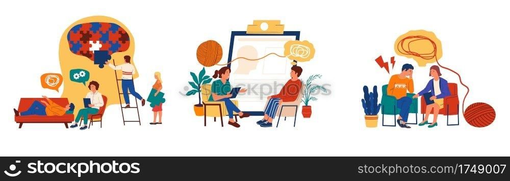 Psychotherapy. Mental health concept and psychology support. Patients meeting with psychologist. Stressed people talking about problems. Vector cartoon scenes set of individual psychological therapy. Psychotherapy. Mental health and psychology support. Patients meeting with psychologist. Stressed people talking about problems. Vector scenes set of individual psychological therapy