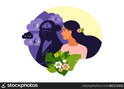 Psychotherapy or psychology support concept. Two woman different states of consciousness mind - depression and positive mental health mood. Vector illustration. Flat