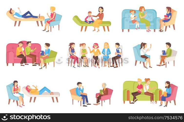 Psychotherapy people talking about problems with doctor vector. Family problems solving, mother and son, depressed lady crying, women discussing topic. Psychotherapy People Talking about Problems Set