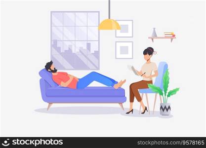 Psychotherapy practice in therapist office with patient on sofa. Cartoon illustration of psychology therapy counseling. Woman sitting and talking with patient about his feeling. Psychotherapy practice in therapist office with patient on sofa. Cartoon illustration of psychology therapy counseling. Woman sitting and talking with patient
