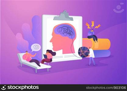 Psychotherapy practice, psychiatrist consulting patient. Mental disorder treatment. Psychologist service, private counseling, family psychology concept. Vector isolated concept creative illustration. Psychologist service concept vector illustration
