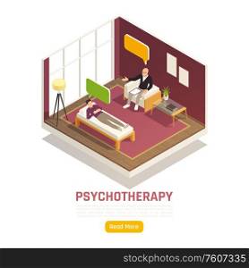 Psychotherapy session counselor office interior isometric website design with psychologist treating lying on coach client vector illustration