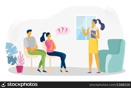 Psychotherapy session for couple, mental treatment for people. Vector psychological counseling problem, professional consultation and depression illustration. Psychotherapy session for couple, mental treatment for people