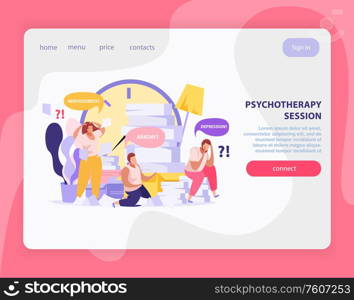 Psychotherapy session landing page with tired people suffering from apathy depression nervousness working at office flat vector illustration