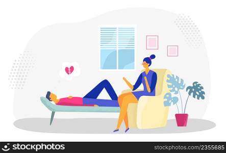 Psychotherapy session. Man lying on sofa in depression with broken heart. Female psychologist providing support. Patient having therapy appointment or consultation vector illustration. Psychotherapy session. Man lying on sofa in depression with broken heart. Female psychologist providing support