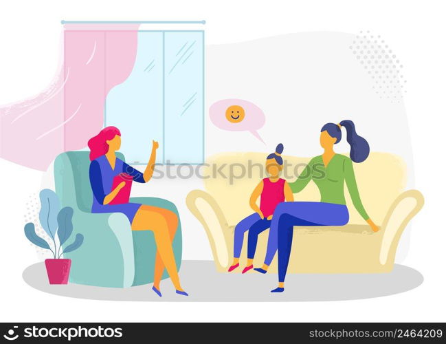 Psychotherapy session, mother and daughter visit doctor. Vector psychologist and psychiatrist consultation, patient girl with woman illustration. Psychotherapy session, mother and daughter visit doctor