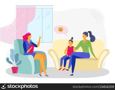 Psychotherapy session, mother and daughter visit doctor. Vector psychologist and psychiatrist consultation, patient girl with woman illustration. Psychotherapy session, mother and daughter visit doctor