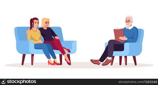 Psychotherapy session semi flat RGB color vector illustration. Same-sex marriage problems. Sibling relationship issues. Psychotherapy. Psychology consultation. Isolated cartoon character on white