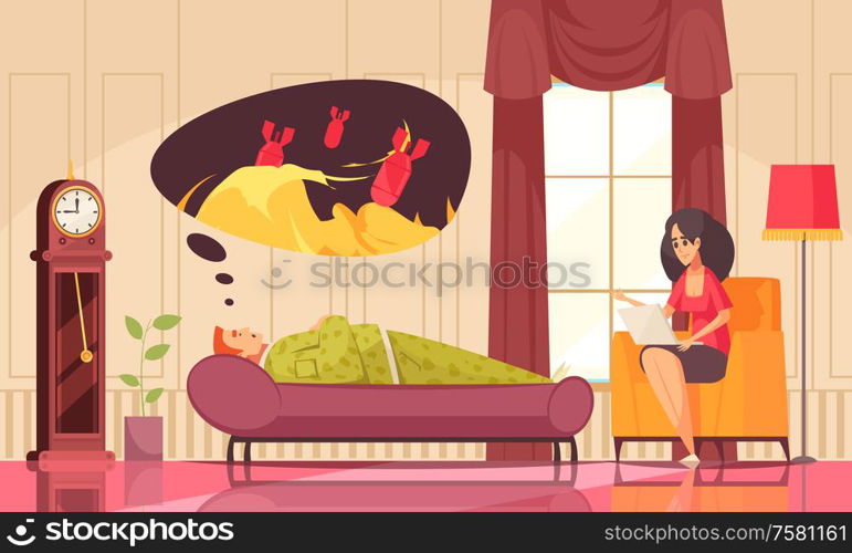 Psychotherapy session with therapist working with lying on couch client to overcome fear flat composition vector illustration