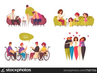 Psychotherapy sessions with psychologist 4 flat compositions with child adolescents and handicapped group therapy isolated vector illustration