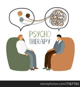 Psychotherapy treatment, doctor and patient sitting and talking, vector concept illustration. Psychotherapy treatment concept