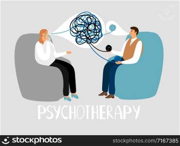 Psychotherapy, treatment of mental problems. Psychotherapist listens to patient and unravels tangle. Vector illustration. Psychotherapy, treatment of mental problems. Psychotherapist listens to patient