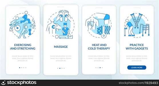 PT treatments blue onboarding mobile app page screen. Physical health. Physiotherapy walkthrough 4 steps graphic instructions with concepts. UI, UX, GUI vector template with linear color illustrations. PT treatments blue onboarding mobile app page screen