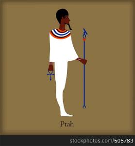 Ptah, God of creation icon in flat style on a brown background . Ptah, God of creation icon, flat style
