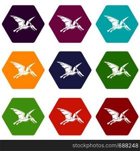 Pterosaurs dinosaur icon set many color hexahedron isolated on white vector illustration. Pterosaurs dinosaur icon set color hexahedron