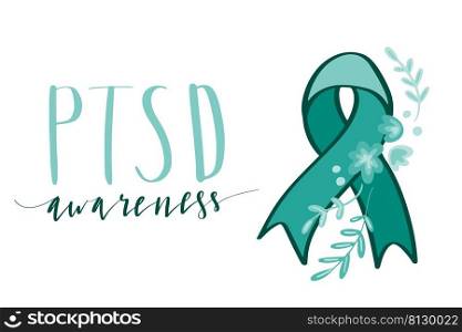 PTSD Awareness hand lettering vector illustration in script with teal ribbon support symbol. PTSD Awareness hand lettering vector illustration with teal ribbon support symbol