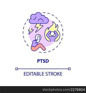 PTSD concept icon. Childhood psychological disorder abstract idea thin line illustration. Post-traumatic stress disorder. Isolated outline drawing. Editable stroke. Arial, Myriad Pro-Bold fonts used. PTSD concept icon