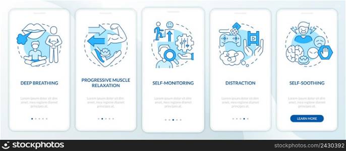 PTSD coping strategies blue onboarding mobile app screen. Healthcare walkthrough 5 steps graphic instructions pages with linear concepts. UI, UX, GUI template. Myriad Pro-Bold, Regular fonts used. PTSD coping strategies blue onboarding mobile app screen