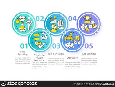 PTSD coping strategies circle infographic template. Therapy service. Data visualization with 5 steps. Process timeline info chart. Workflow layout with line icons. Myriad Pro-Regular font used. PTSD coping strategies circle infographic template