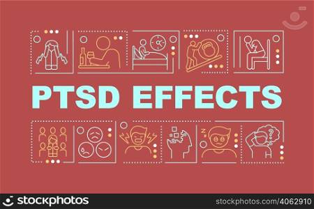 PTSD effects word concepts red banner. Painful mental condition. Infographics with icons on color background. Isolated typography. Vector illustration with text. Arial-Black font used. PTSD effects word concepts red banner