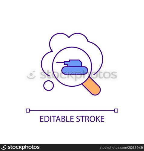 PTSD factors research RGB color icon. Investigate traumatic memories. Posttraumatic stress disorder study. Isolated vector illustration. Simple filled line drawing. Editable stroke. Arial font used. PTSD factors research RGB color icon