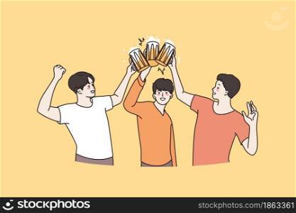 Pub and celebrating beer party concept. Three young smiling friends holding mugs of beer clinking celebrating holiday together vector illustration . Pub and celebrating beer party concept.