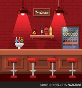 Pub in red color with bricks wall and lamps decorated by stools row near wooden bar counter with beer and shelf with bottles and fridge with alcohol beverage. Empty city bar interior. Cartoon flat. Beer Bag, Celebrating Place, Pub Red View Vector